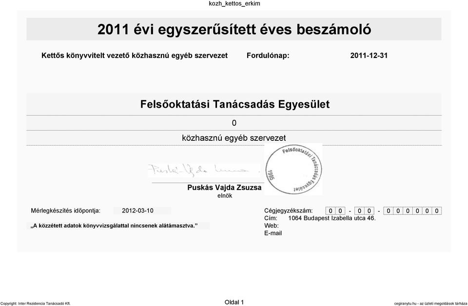 Mérlegkészítés időpontja: 212-3-1 Cégjegyzékszám: - - Cím: 164 Budapest Izabella utca 46.