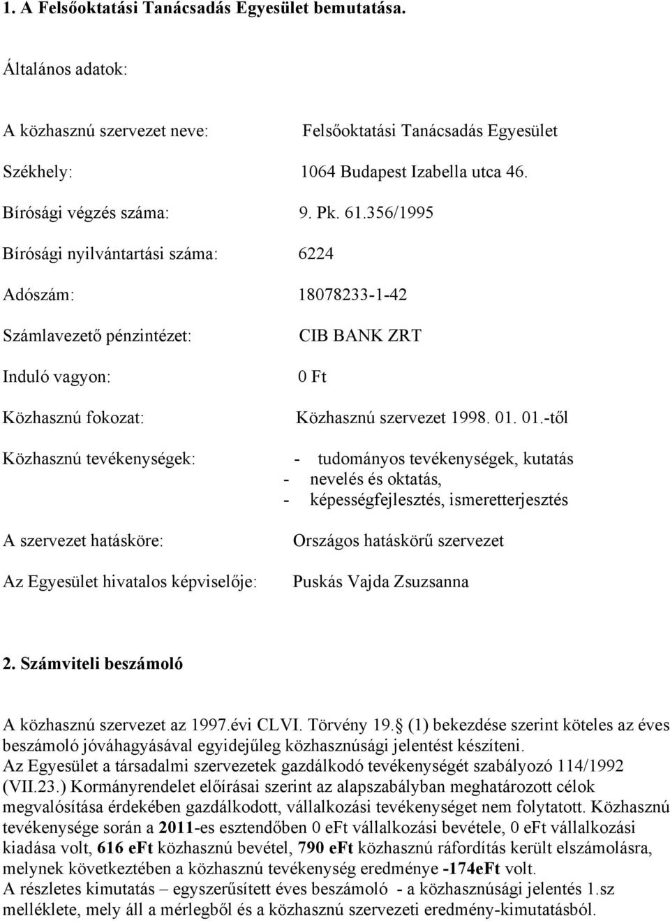 356/1995 Bírósági nyilvántartási száma: 6224 Adószám: 1878233-1-42 Számlavezető pénzintézet: Induló vagyon: Közhasznú fokozat: Közhasznú tevékenységek: A szervezet hatásköre: Az Egyesület hivatalos