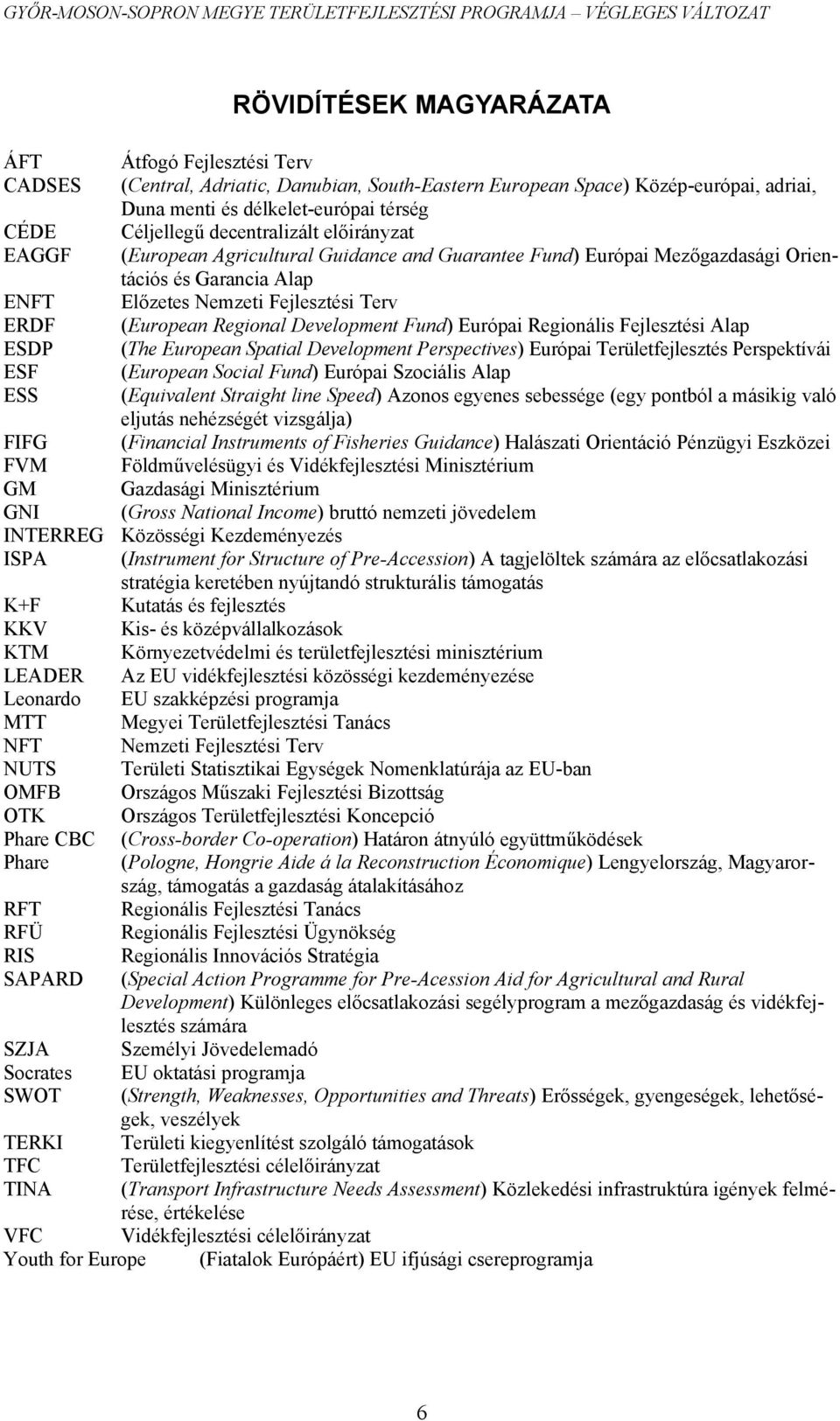 Development Fund) Európai Regionális Fejlesztési Alap ESDP (The European Spatial Development Perspectives) Európai Területfejlesztés Perspektívái ESF (European Social Fund) Európai Szociális Alap ESS
