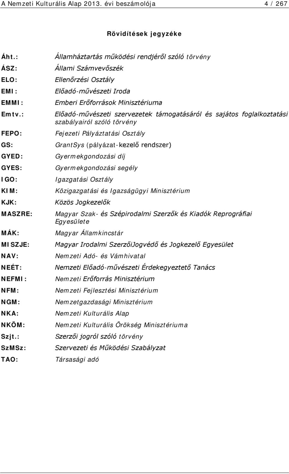 : SzMSz: TAO: Államháztartás működési rendjéről szóló törvény Állami Számvevőszék Ellenőrzési Osztály Előadó-művészeti Iroda Emberi Erőforrások Minisztériuma Előadó-művészeti szervezetek