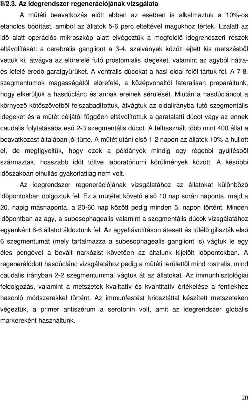 szelvények között ejtett kis metszésbıl vettük ki, átvágva az elırefelé futó prostomialis idegeket, valamint az agyból hátraés lefelé eredı garatgyőrőket.