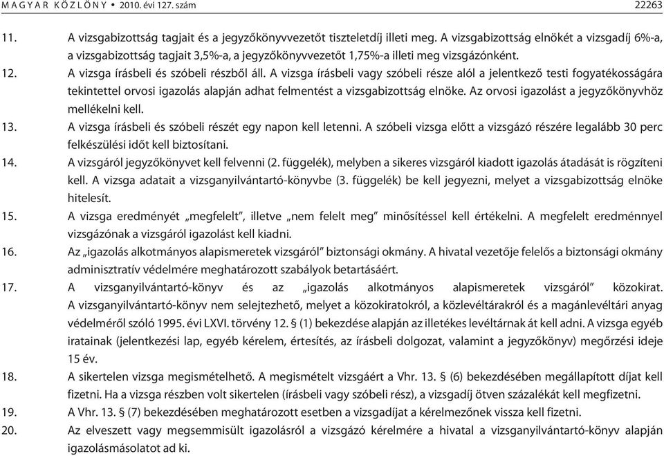 A vizsga írásbeli vagy szóbeli része alól a jelentkezõ testi fogyatékosságára tekintettel orvosi igazolás alapján adhat felmentést a vizsgabizottság elnöke.