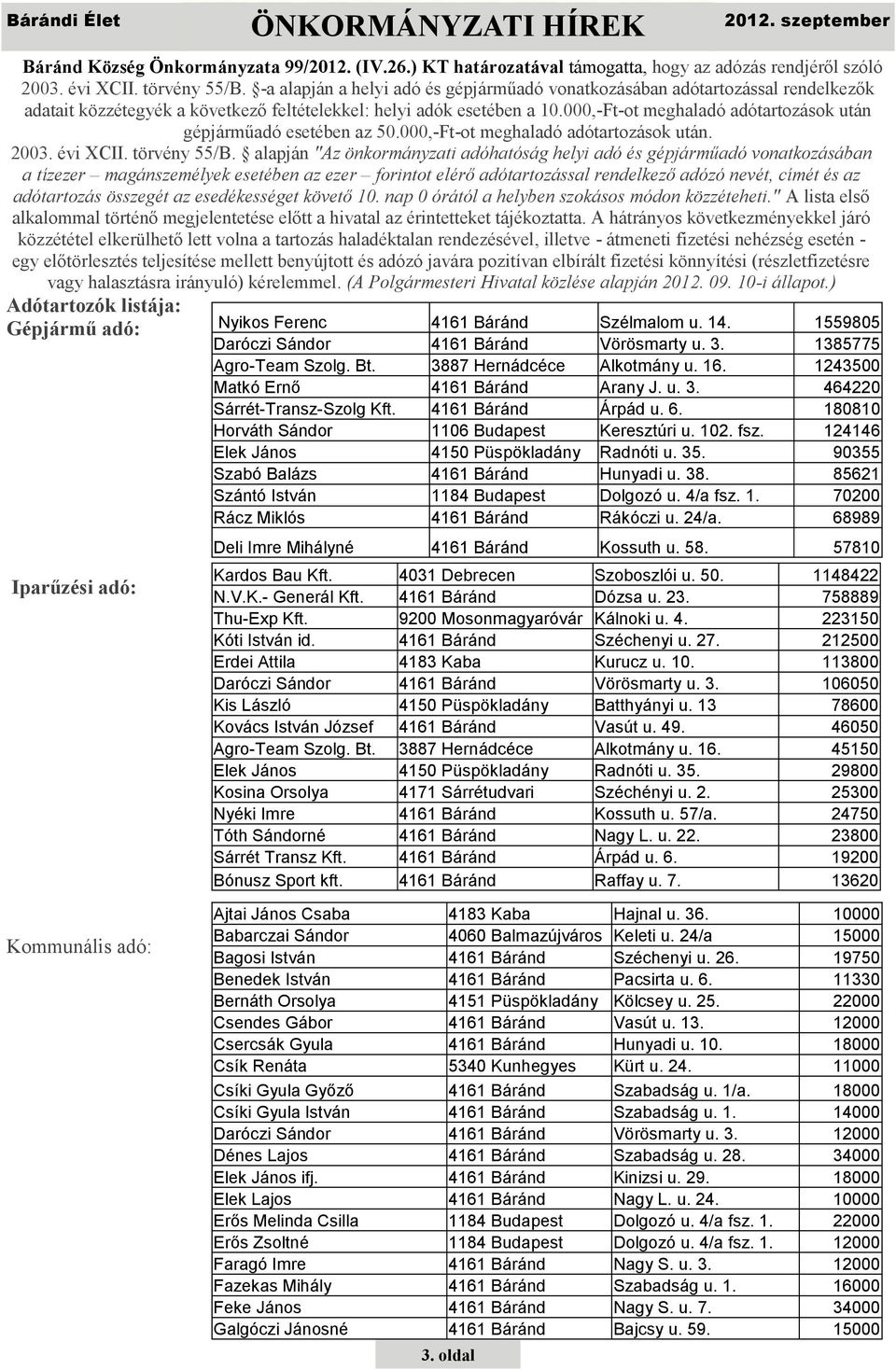 -a alapján a helyi adó és gépjárműadó vonatkozásában adótartozással rendelkezők adatait közzétegyék a következő feltételekkel: helyi adók esetében a 10.