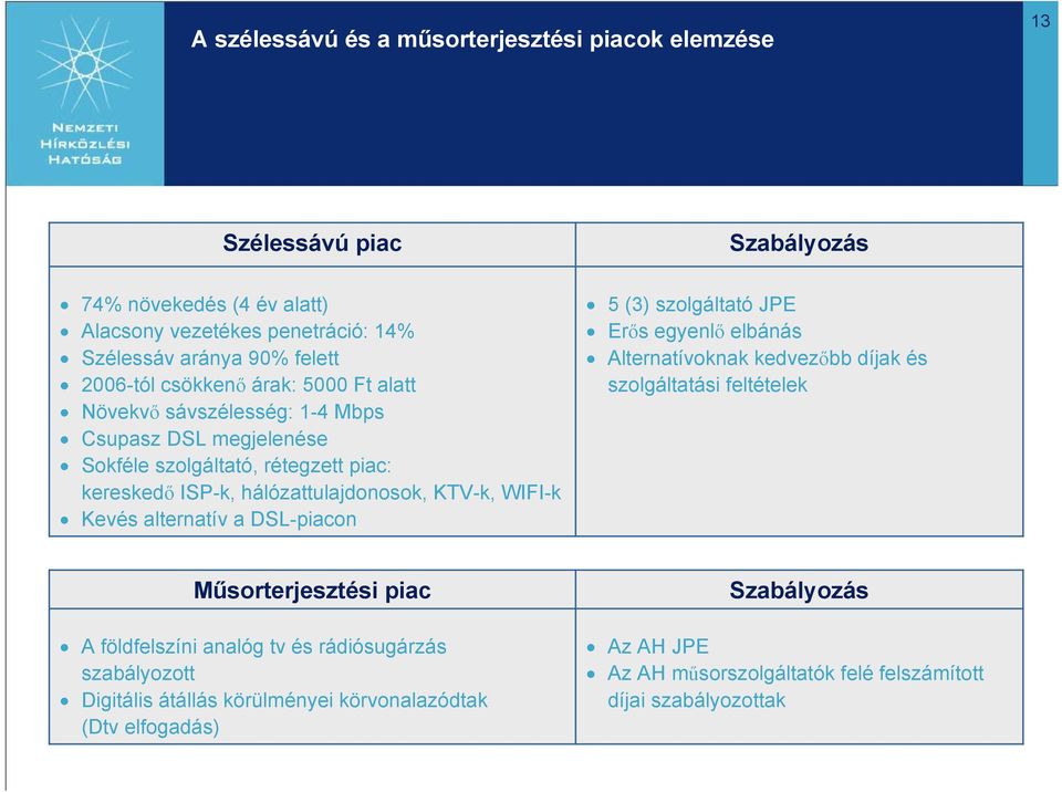 WIFI-k Kevés alternatív a DSL-piacon 5 (3) szolgáltató JPE Erős egyenlő elbánás Alternatívoknak kedvezőbb díjak és szolgáltatási feltételek Műsorterjesztési piac A földfelszíni