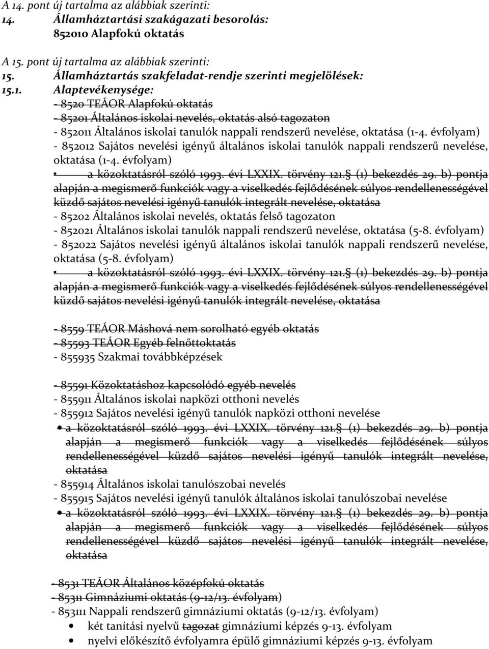 .1. Alaptevékenysége: - 8520 TEÁOR Alapfokú oktatás - 85201 Általános iskolai nevelés, oktatás alsó tagozaton - 852011 Általános iskolai tanulók nappali rendszerű nevelése, oktatása (1-4.