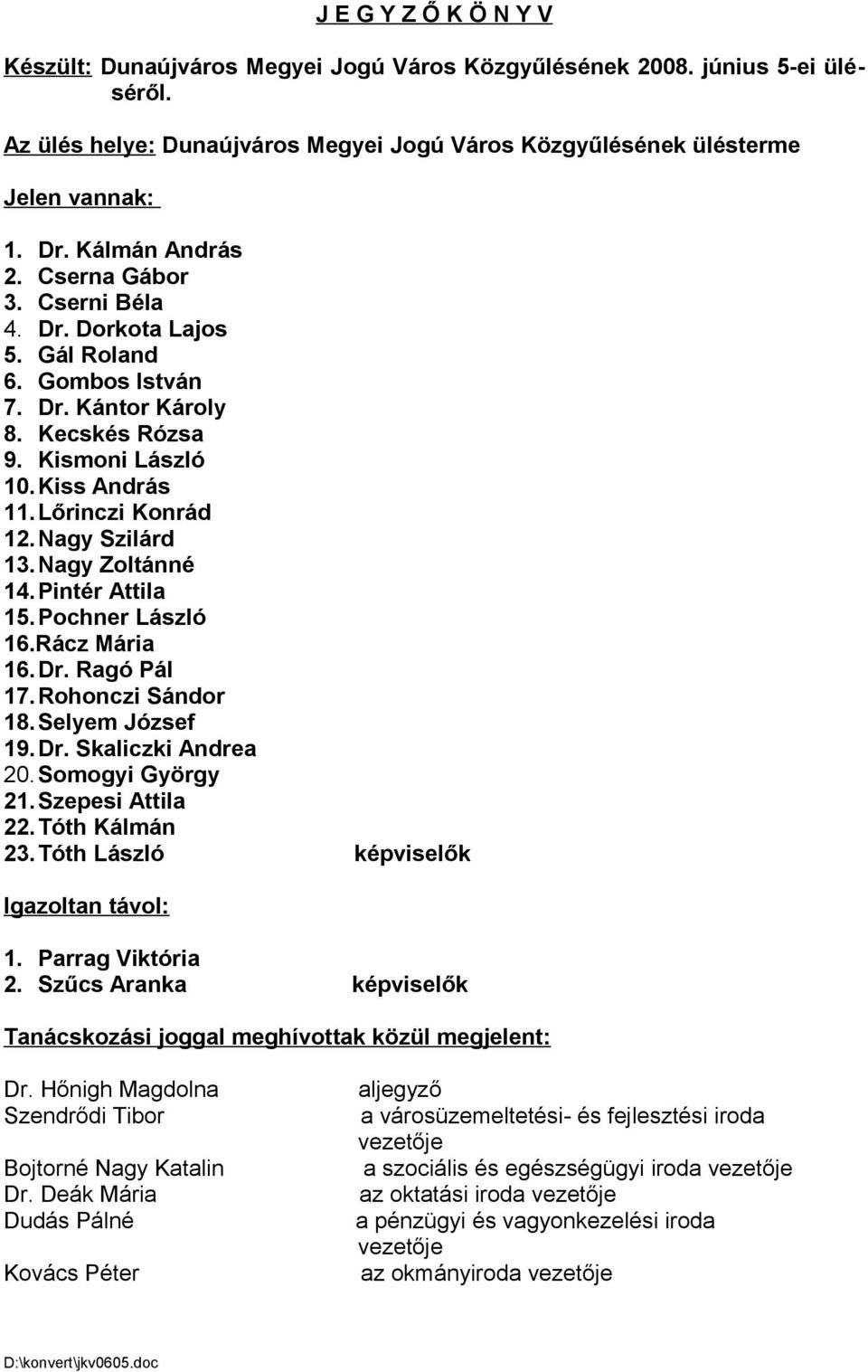 Nagy Szilárd 13. Nagy Zoltánné 14. Pintér Attila 15. Pochner László 16.Rácz Mária 16.Dr. Ragó Pál 17. Rohonczi Sándor 18. Selyem József 19. Dr. Skaliczki Andrea 20. Somogyi György 21.