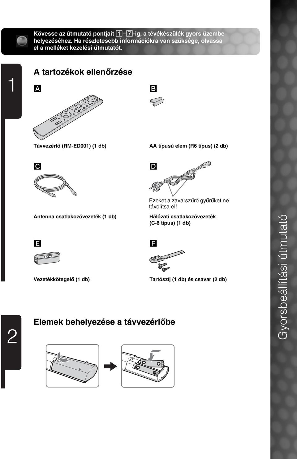 1 A tartozékok ellenőrzése A B Távvezérlő (RM-ED001) (1 db) AA típusú elem (R6 típus) (2 db) C D Ezeket a zavarszűrő gyűrűket