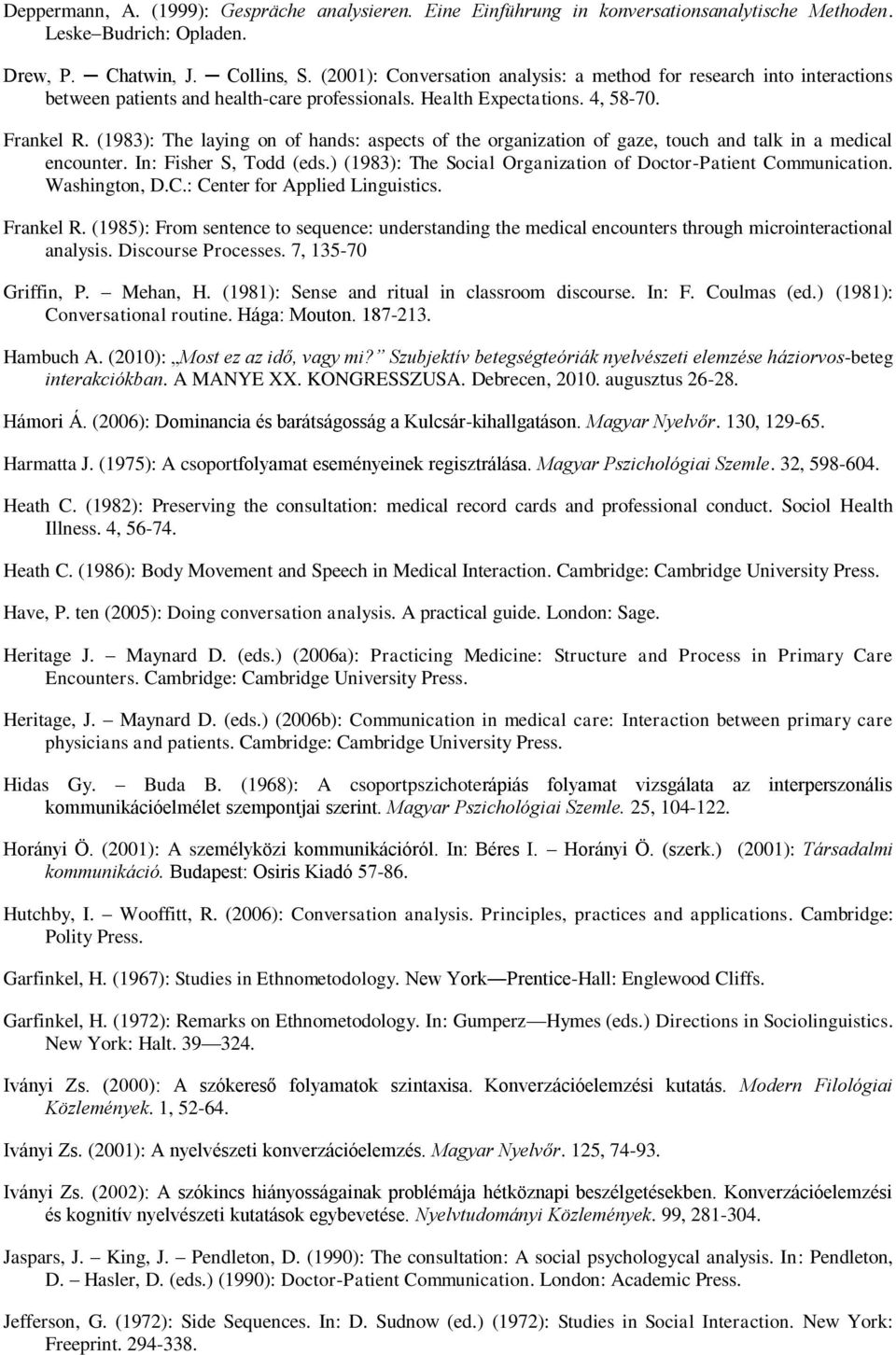 (1983): The laying on of hands: aspects of the organization of gaze, touch and talk in a medical encounter. In: Fisher S, Todd (eds.) (1983): The Social Organization of Doctor-Patient Communication.