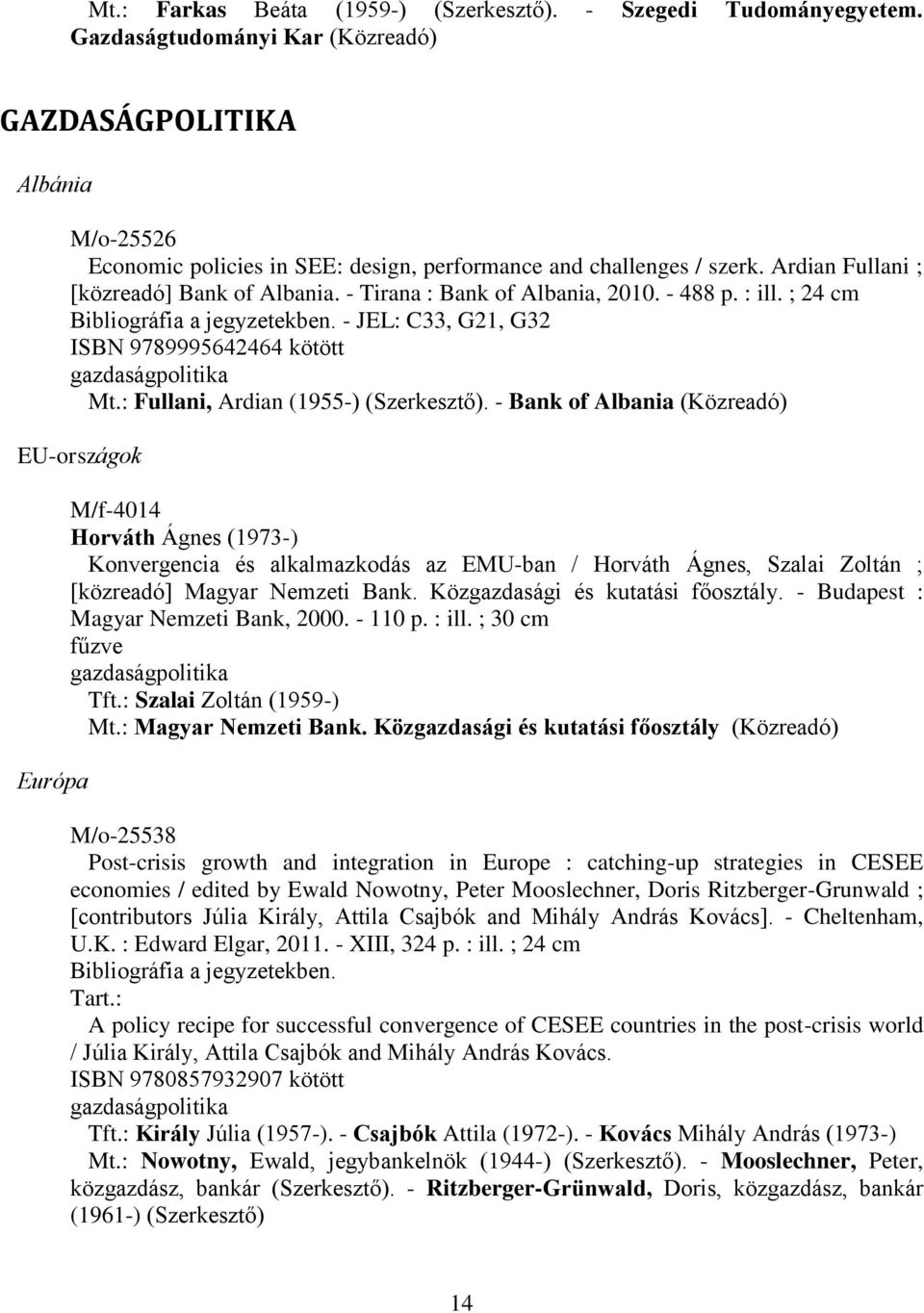 - Tirana : Bank of Albania, 2010. - 488 p. : ill. ; 24 cm Bibliográfia a jegyzetekben. - JEL: C33, G21, G32 ISBN 9789995642464 kötött gazdaságpolitika Mt.: Fullani, Ardian (1955-) (Szerkesztő).