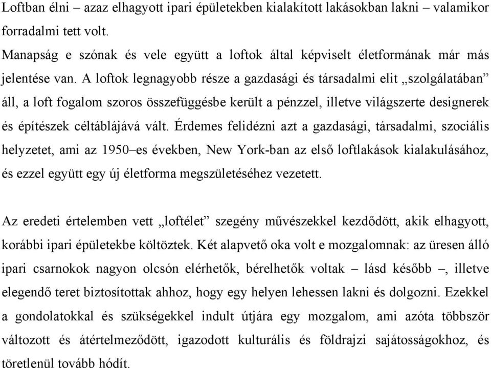 Érdemes felidézni azt a gazdasági, társadalmi, szociális helyzetet, ami az 1950 es években, New York-ban az első loftlakások kialakulásához, és ezzel együtt egy új életforma megszületéséhez vezetett.