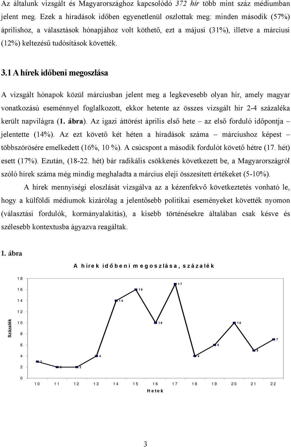 3.1 A hírek időbeni megoszlása A vizsgált hónapok közül márciusban jelent meg a legkevesebb olyan hír, amely magyar vonatkozású eseménnyel foglalkozott, ekkor hetente az összes vizsgált hír 2-4