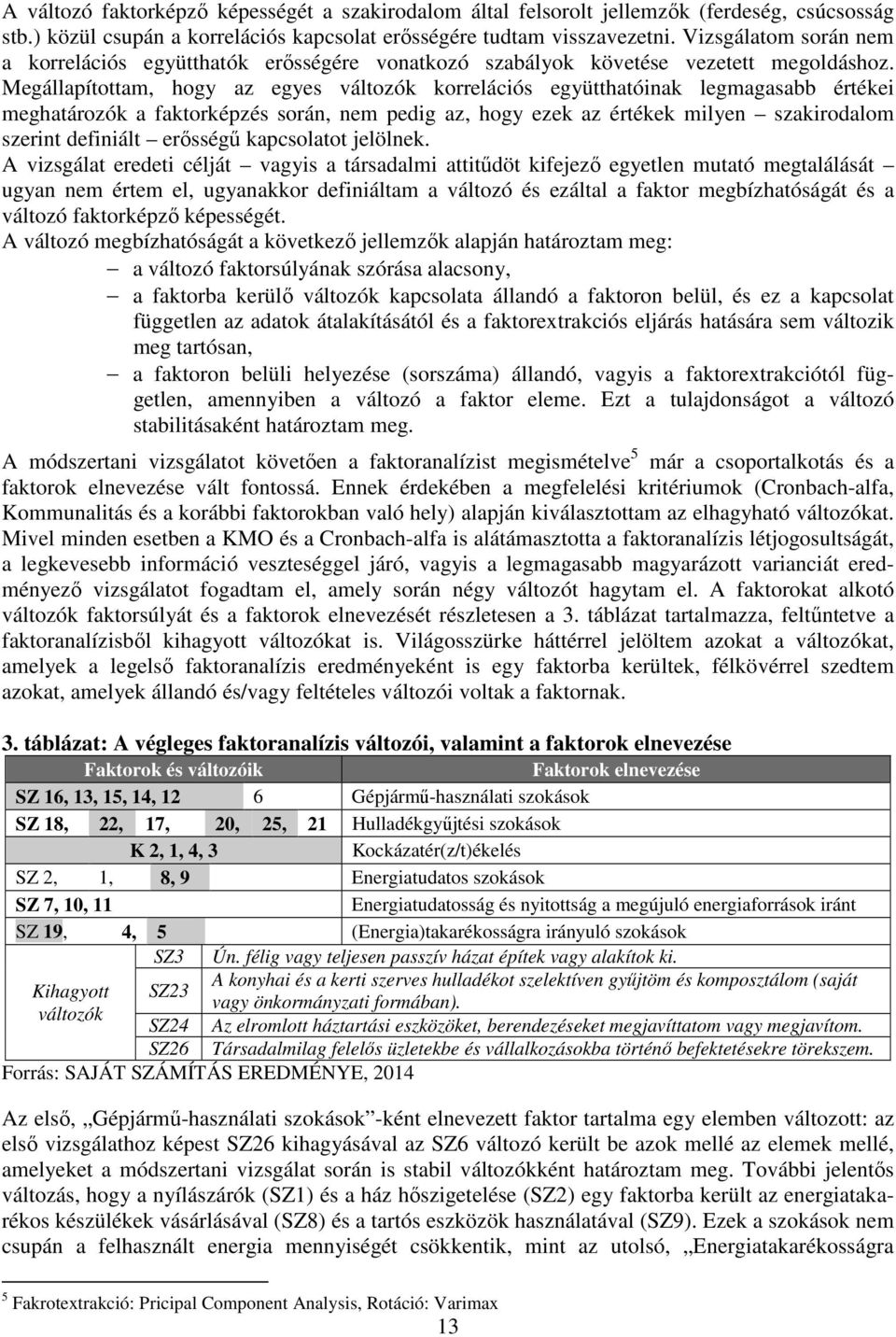 Megállapítottam, hogy az egyes változók korrelációs együtthatóinak legmagasabb értékei meghatározók a faktorképzés során, nem pedig az, hogy ezek az értékek milyen szakirodalom szerint definiált