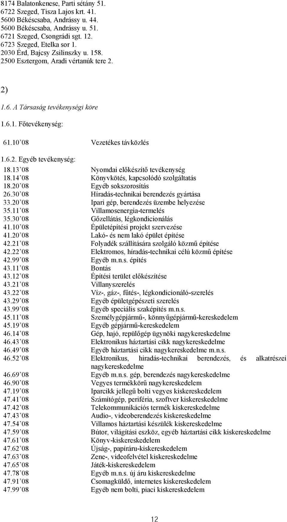 13 08 Nyomdai elıkészítı tevékenység 18.14 08 Könyvkötés, kapcsolódó szolgáltatás 18.20 08 Egyéb sokszorosítás 26.30 08 Híradás-technikai berendezés gyártása 33.