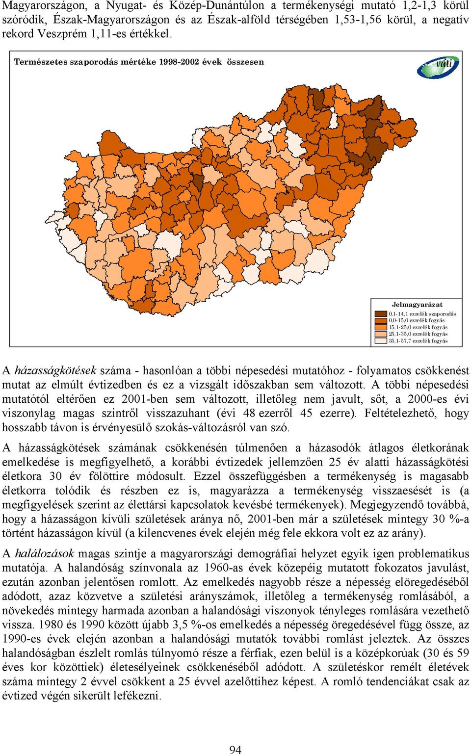 Természetes szaporodás mértéke 1998-2002 évek összesen 0,1-14,1 ezrelék szaporodás 0,0-15,0 ezrelék fogyás 15,1-25,0 ezrelék fogyás 25,1-35,0 ezrelék fogyás 35,1-57,7 ezrelék fogyás A házasságkötések