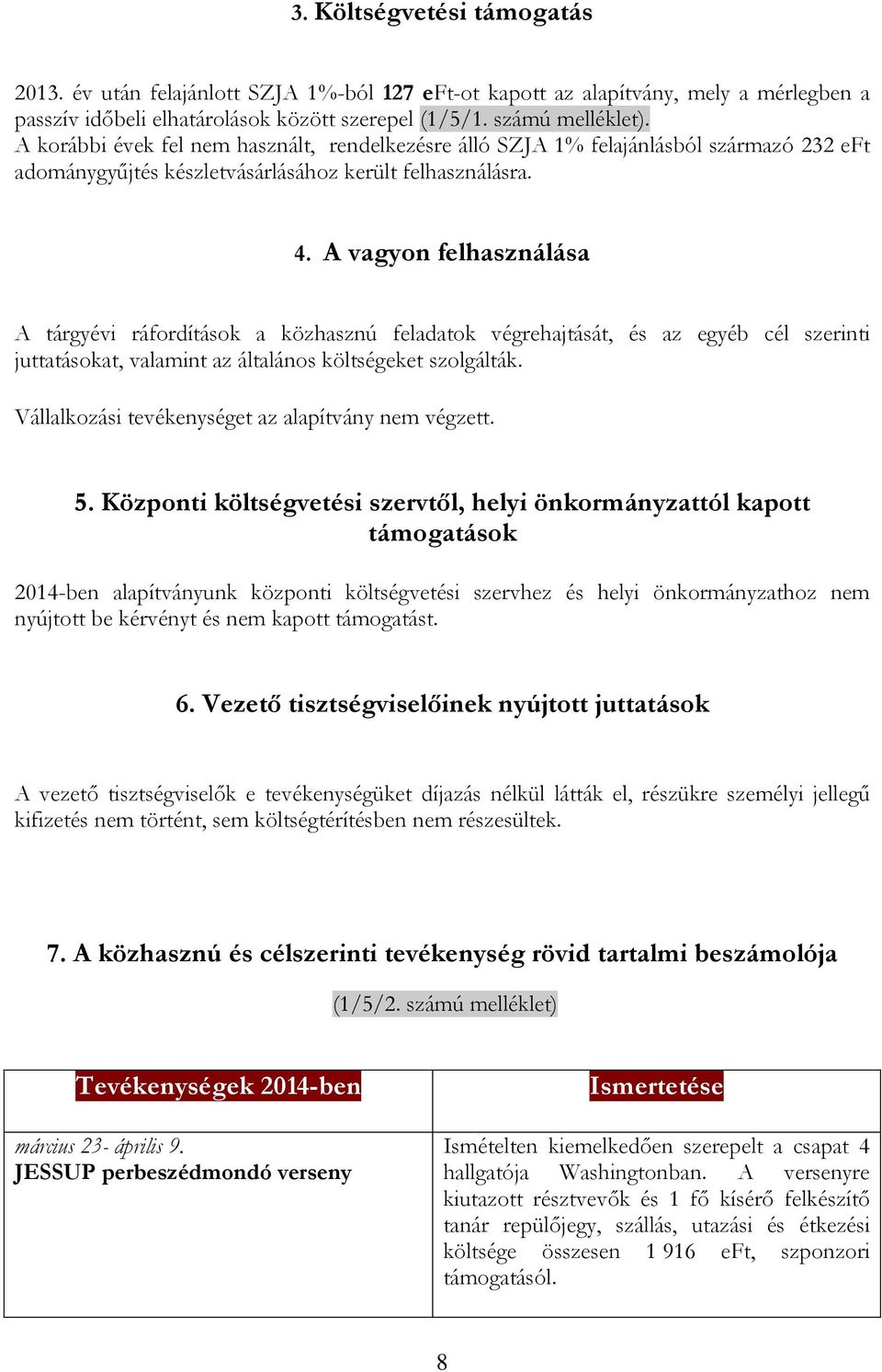 A vagyon felhasználása A tárgyévi ráfordítások a közhasznú feladatok végrehajtását, és az egyéb cél szerinti juttatásokat, valamint az általános költségeket szolgálták.