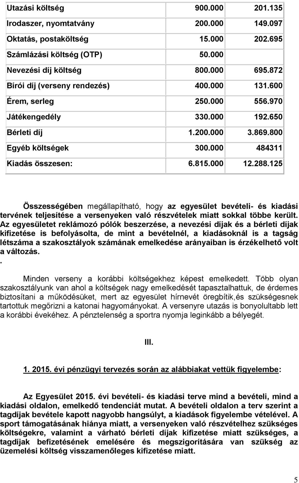 000 12.288.125 Összességében megállapítható, hogy az egyesület bevételi- és kiadási tervének teljesítése a versenyeken való részvételek miatt sokkal többe került.