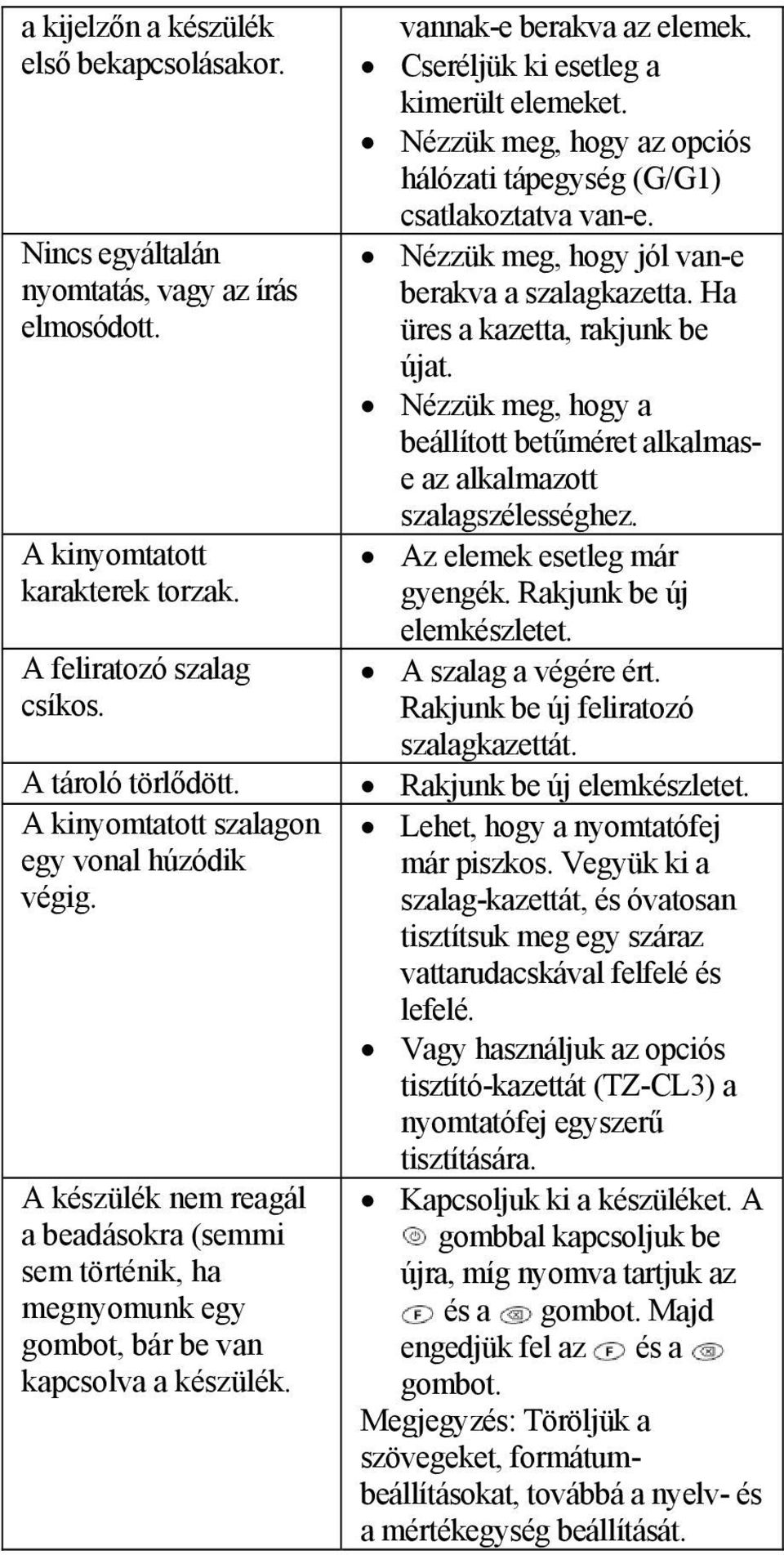 Cseréljük ki esetleg a kimerült elemeket. Nézzük meg, hogy az opciós hálózati tápegység (G/G1) csatlakoztatva van-e. Nézzük meg, hogy jól van-e berakva a szalagkazetta.