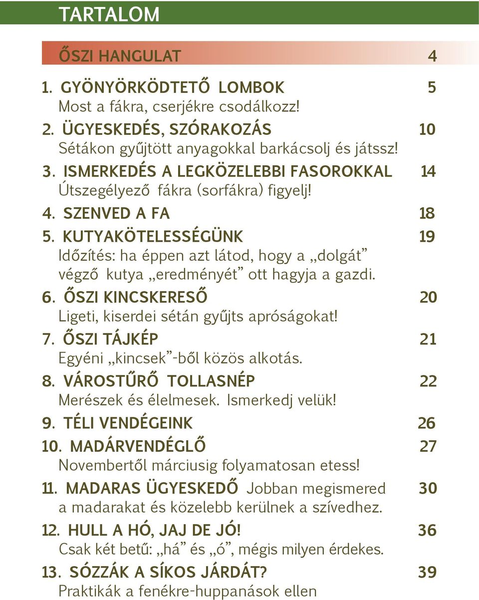 KUTYAKÖTELESSÉGÜNK 19 Időzítés: ha éppen azt látod, hogy a dolgát végző kutya eredményét ott hagyja a gazdi. 6. ŐSZI KINCSKERESŐ 20 Ligeti, kiserdei sétán gyűjts apróságokat! 7.