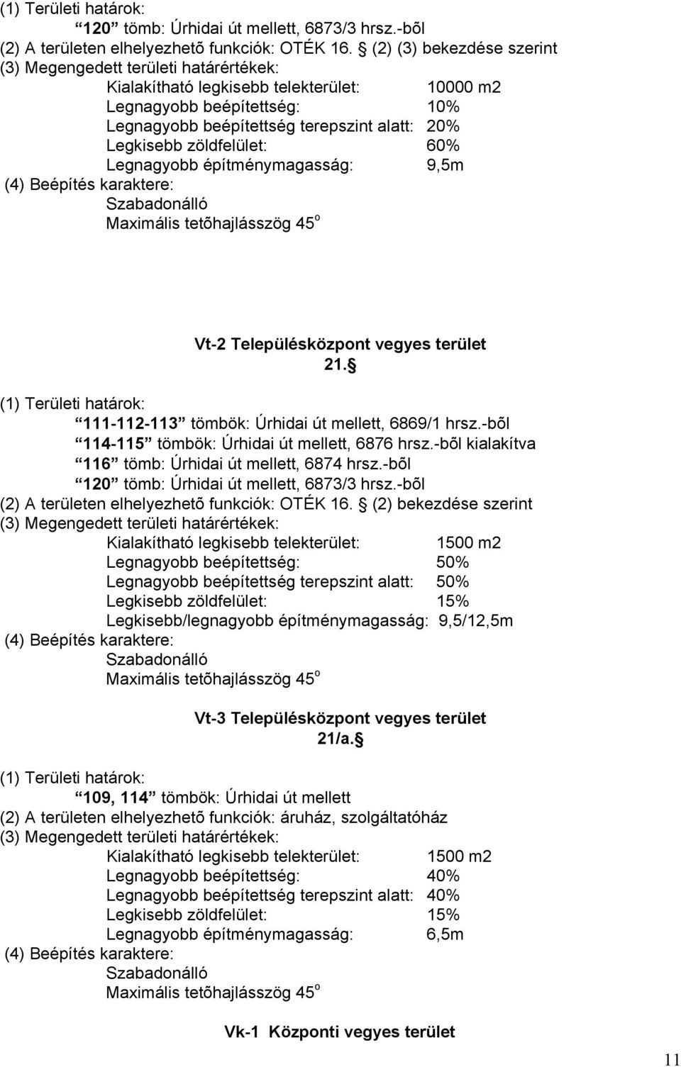 építménymagasság: 9,5m Szabadonálló Vt-2 Településközpont vegyes terület 21. 111-112-113 tömbök: Úrhidai út mellett, 6869/1 hrsz.-bõl 114-115 tömbök: Úrhidai út mellett, 6876 hrsz.