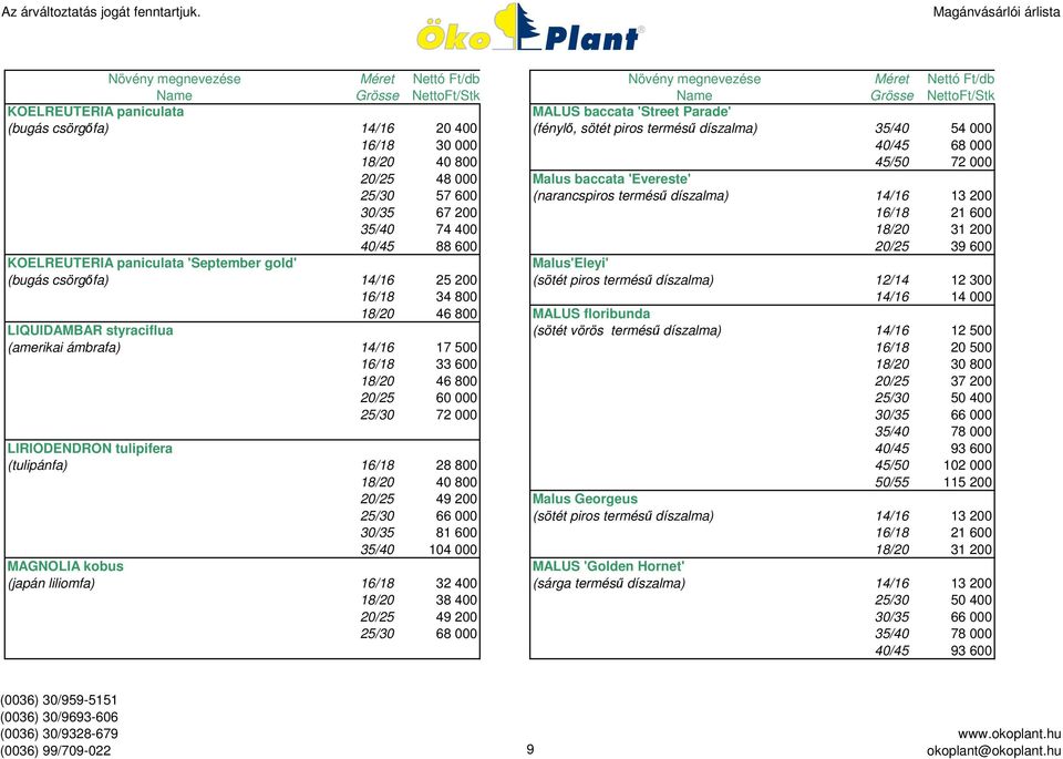 gold' Malus'Eleyi' (bugás csörgőfa) 14/16 25 200 (sötét piros termésű díszalma) 12/14 12 300 16/18 34 800 14/16 14 000 18/20 46 800 MALUS floribunda LIQUIDAMBAR styraciflua (sötét vörös termésű