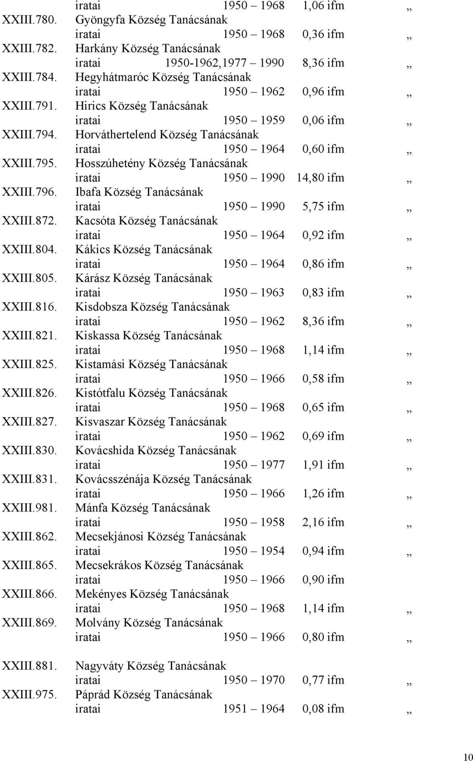 iratai 1950 1968 1,06 ifm Gyöngyfa Község Tanácsának iratai 1950 1968 0,36 ifm Harkány Község Tanácsának iratai 1950-1962,1977 1990 8,36 ifm Hegyhátmaróc Község Tanácsának iratai 1950 1962 0,96 ifm