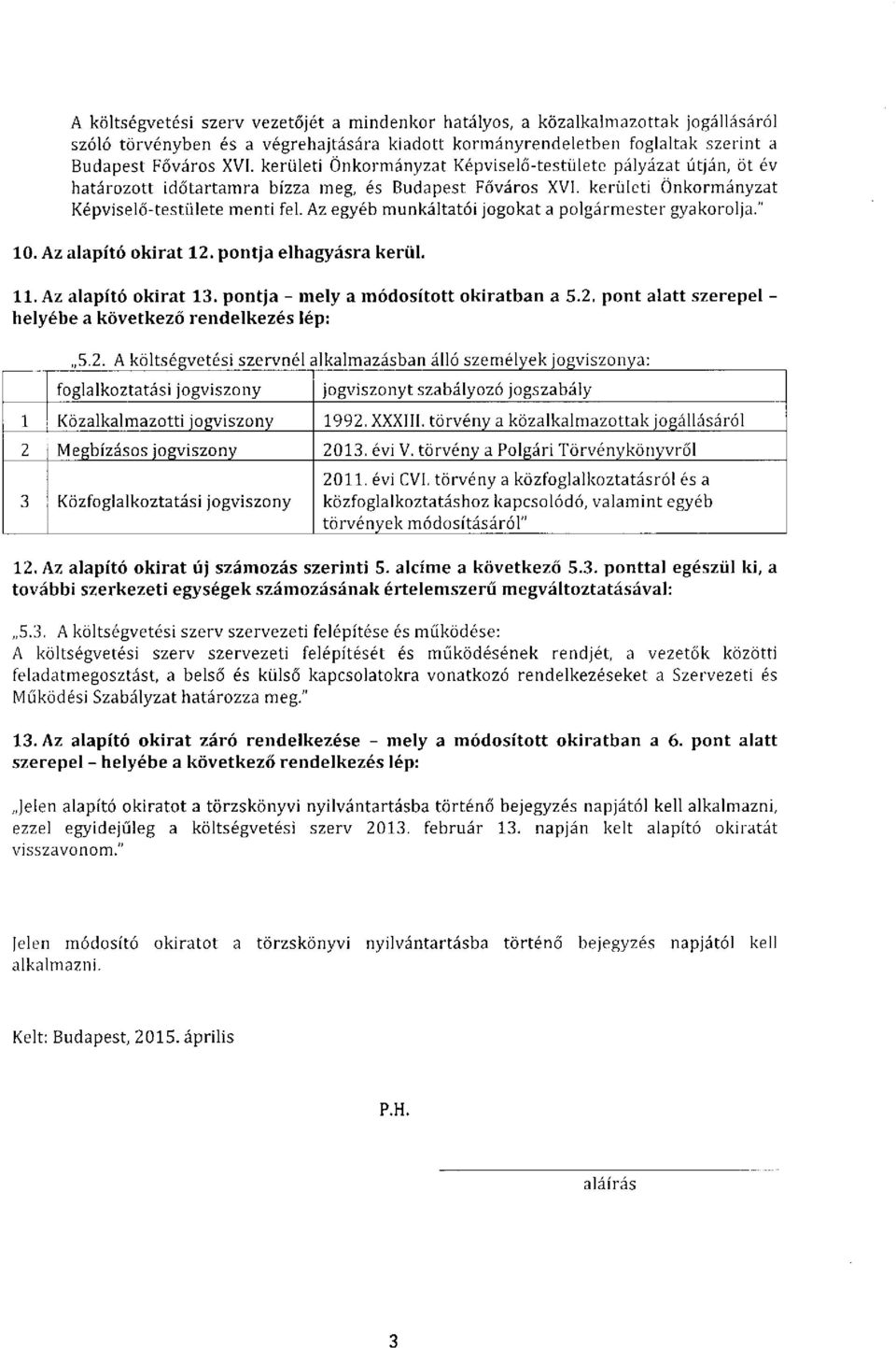 Az egyéb munkáltatói jogokat a polgármester gyakorolja." 10. Az alapító okirat 1. pontja elhagyásra kerül. 11. Az alapító okirat 13. pontja - mely a módosított okiratban a 5.. pont alatt szerepel - 5.