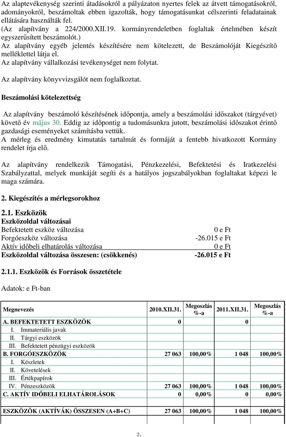 ) Az alapítvány egyéb jelentés készítésére nem kötelezett, de Beszámolóját Kiegészítı melléklettel látja el. Az alapítvány vállalkozási tevékenységet nem folytat.