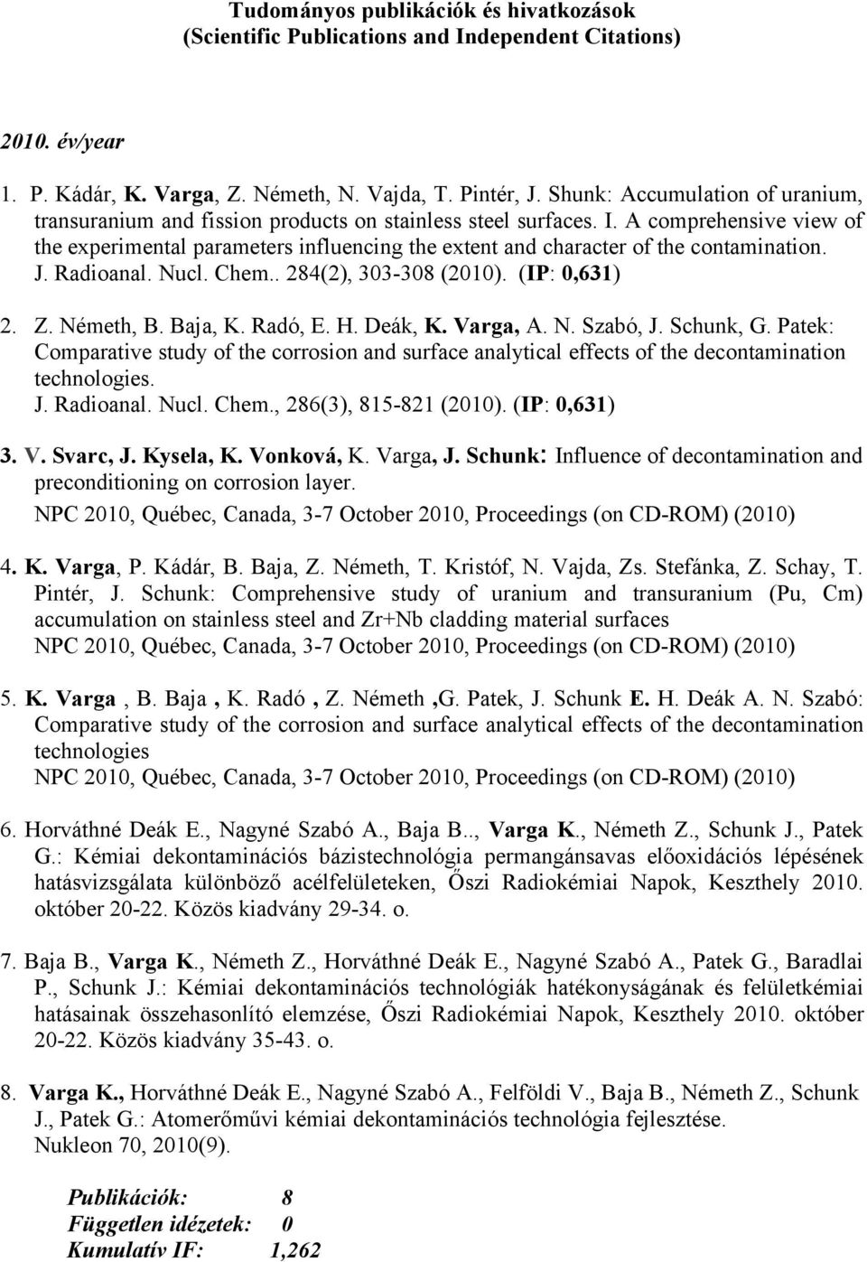 A comprehensive view of the experimental parameters influencing the extent and character of the contamination. J. Radioanal. Nucl. Chem.. 284(2), 303-308 (2010). (IP: 0,631) 2. Z. Németh, B. Baja, K.