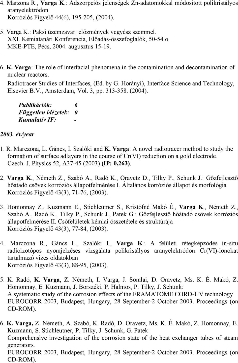 Radiotracer Studies of Interfaces, (Ed. by G. Horányi), Interface Science and Technology, Elsevier B.V., Amsterdam, Vol. 3, pp. 313-358. (2004). 2003. év/year Publikációk: 6 0 Kumulatív IF: - 1. R.