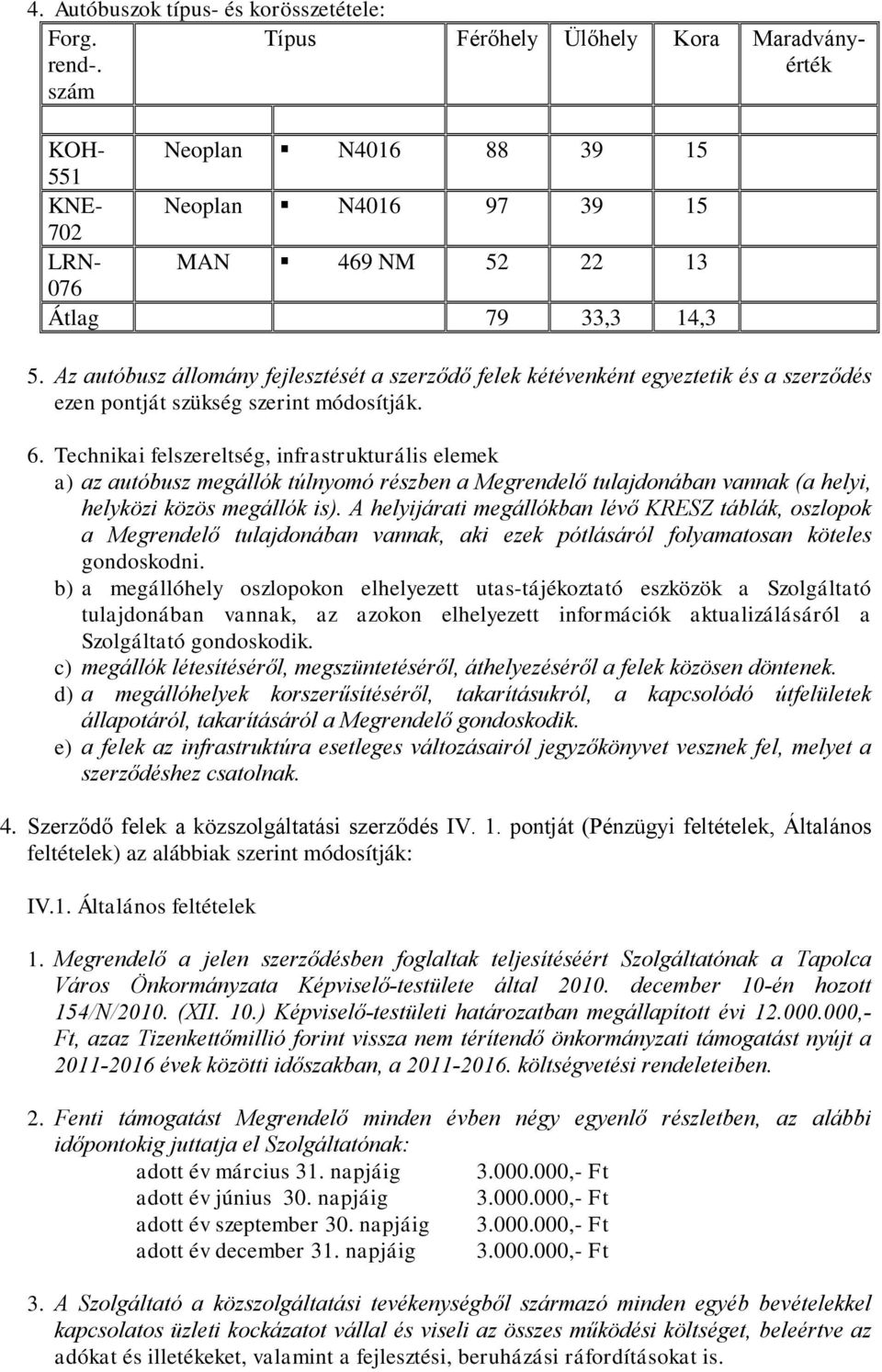 Az autóbusz állomány fejlesztését a szerződő felek kétévenként egyeztetik és a szerződés ezen pontját szükség szerint módosítják. 6.