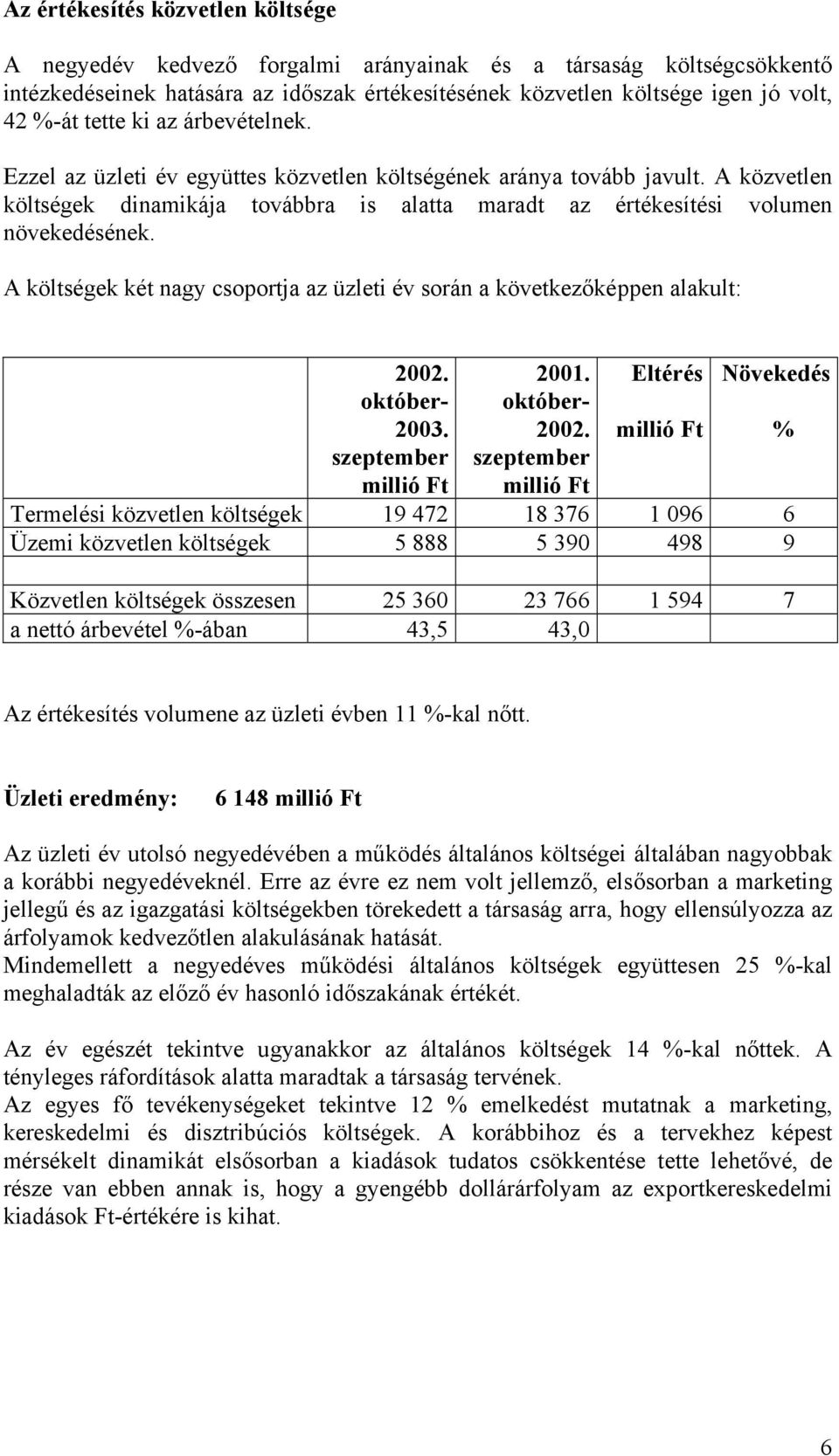 A költségek két nagy csoportja az üzleti év során a következőképpen alakult: 2002. október- 2003. szeptember millió Ft 2001. október- 2002.