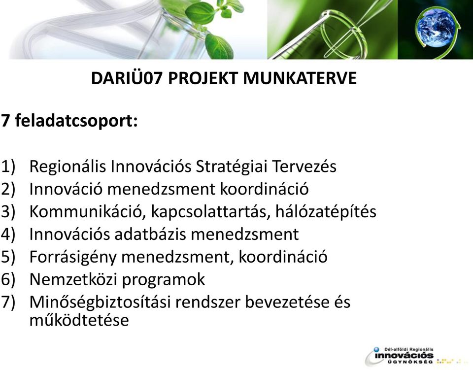 hálózatépítés 4) Innovációs adatbázis menedzsment 5) Forrásigény menedzsment,