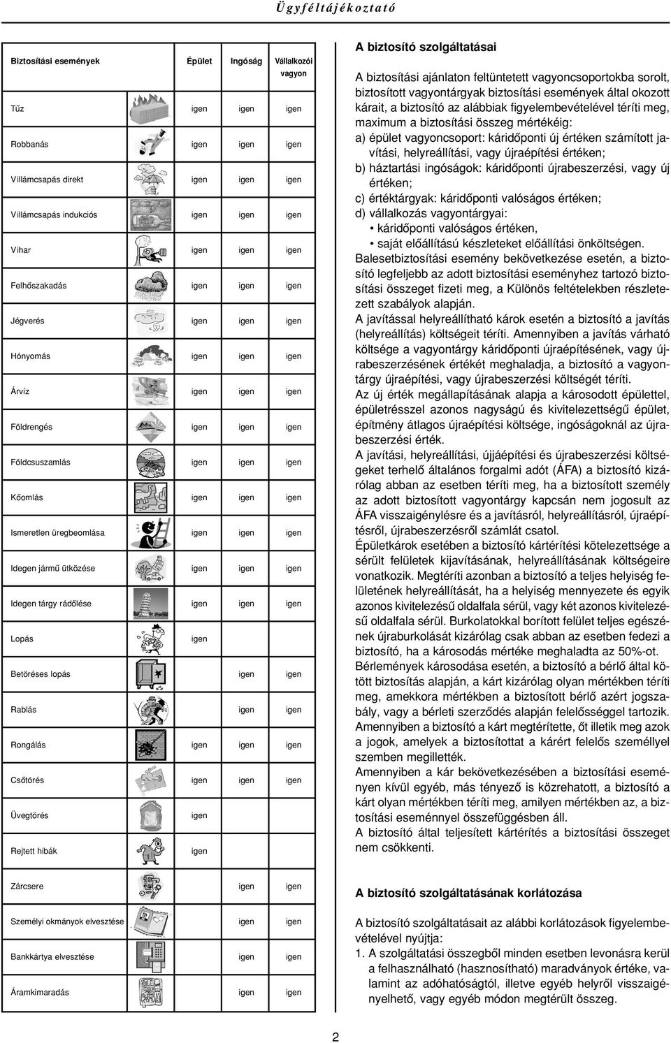 üregbeomlása igen igen igen Idegen jármû ütközése igen igen igen Idegen tárgy rádôlése igen igen igen Lopás igen Betöréses lopás igen igen Rablás igen igen Rongálás igen igen igen Csôtörés igen igen