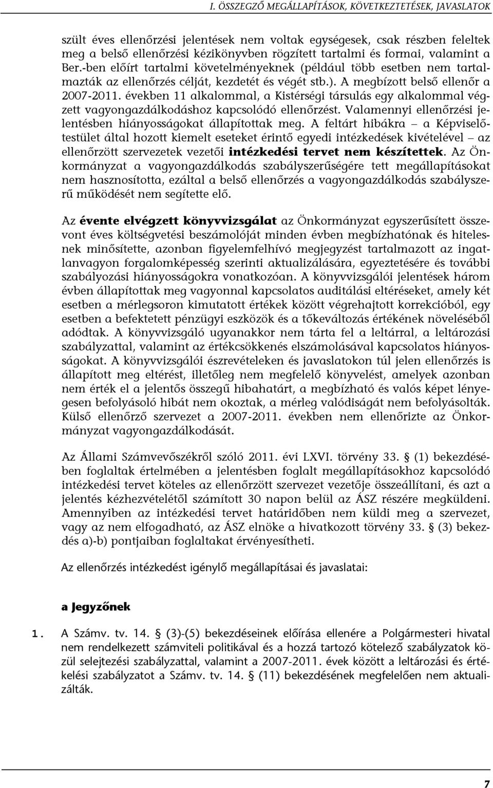 években 11 alkalommal, a Kistérségi társulás egy alkalommal végzett vagyongazdálkodáshoz kapcsolódó ellenőrzést. Valamennyi ellenőrzési jelentésben hiányosságokat állapítottak meg.