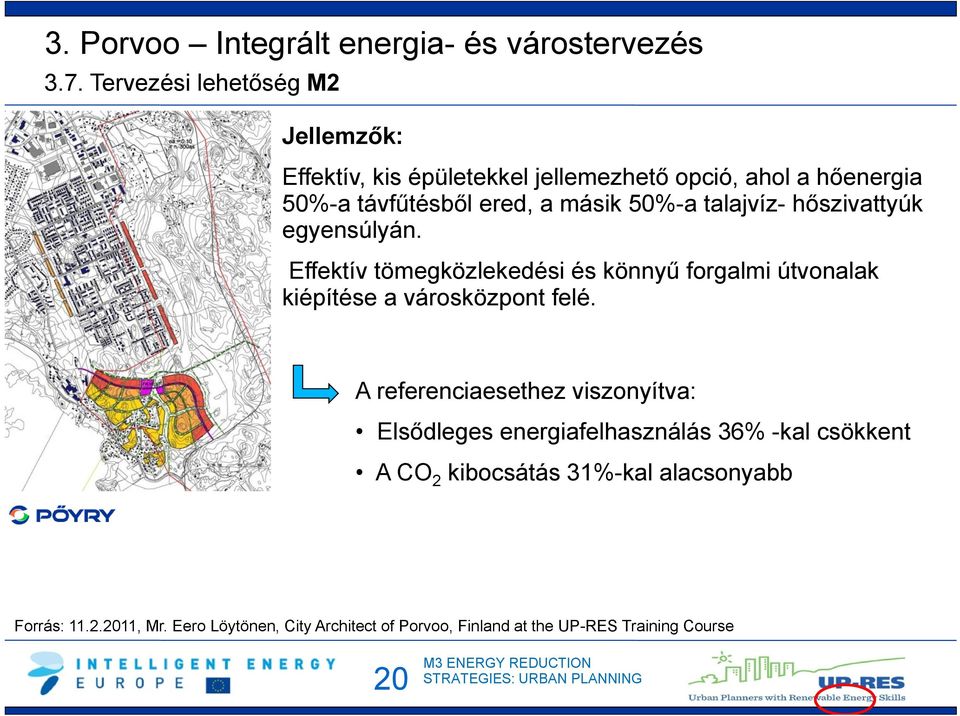 50%-a talajvíz- hőszivattyúk egyensúlyán. Effektív tömegközlekedési és könnyű forgalmi útvonalak kiépítése a városközpont felé.