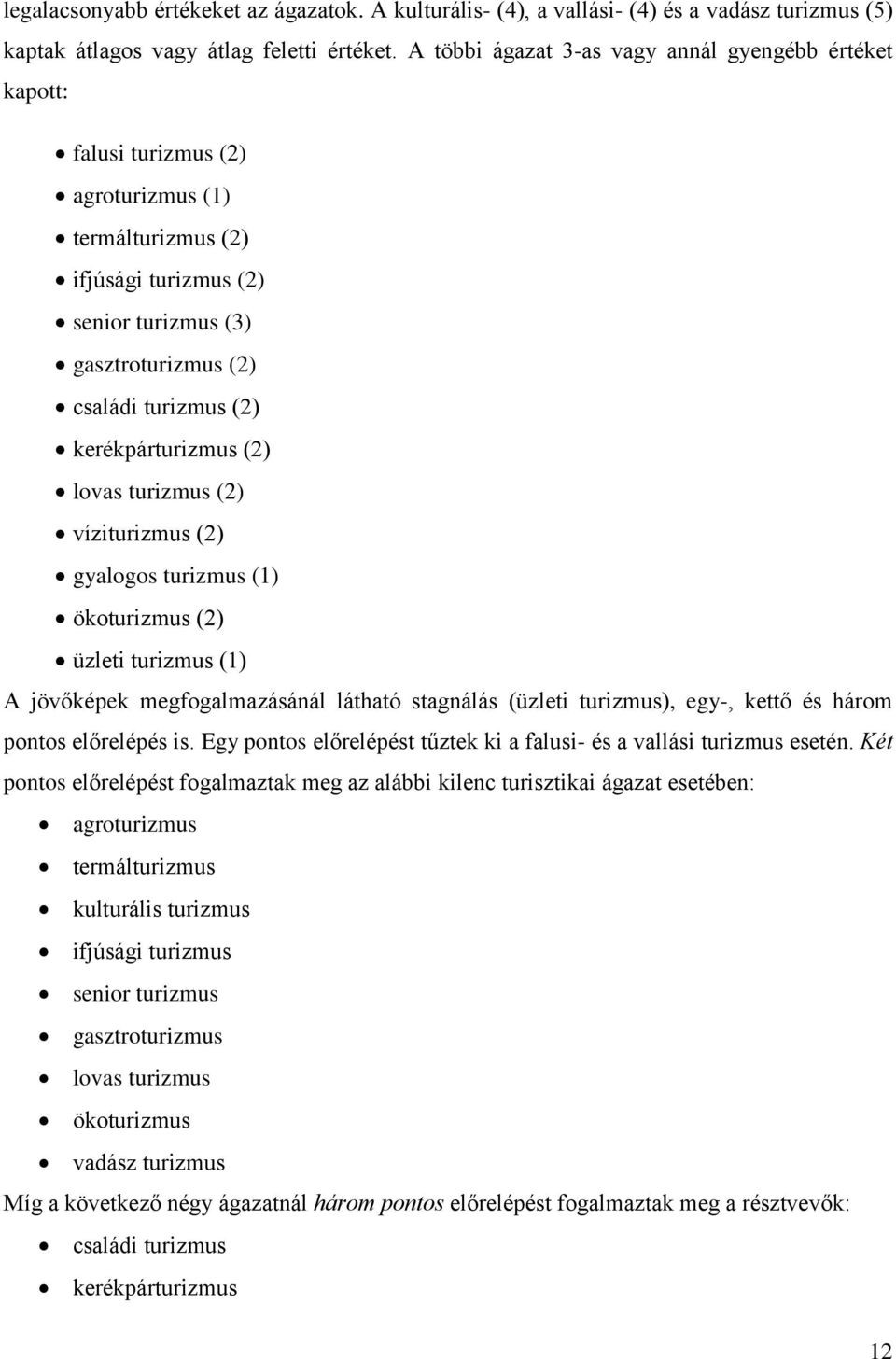 kerékpárturizmus (2) lovas turizmus (2) víziturizmus (2) gyalogos turizmus (1) ökoturizmus (2) üzleti turizmus (1) A jövőképek megfogalmazásánál látható stagnálás (üzleti turizmus), egy-, kettő és