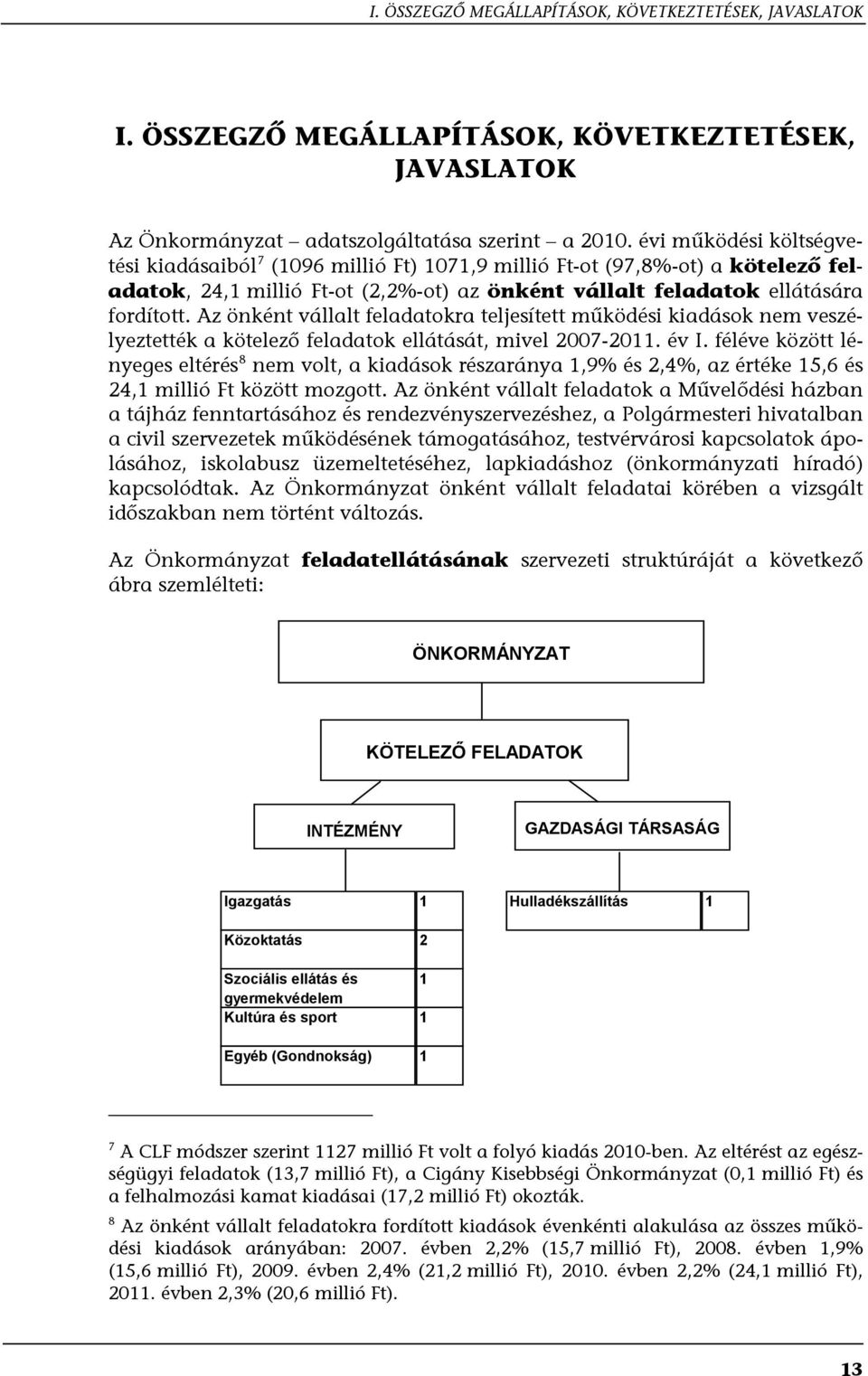 Az önként vállalt feladatokra teljesített működési kiadások nem veszélyeztették a kötelező feladatok ellátását, mivel 2007-2011. év I.