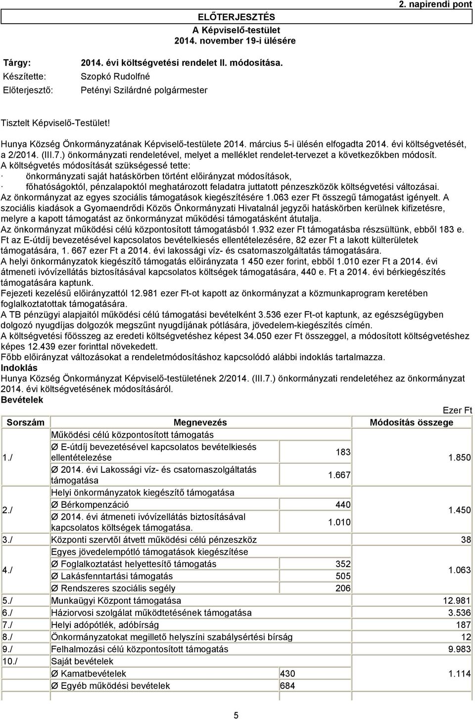 évi költségvetését, a 2/2014. (III.7.) önkormányzati rendeletével, melyet a melléklet rendelet-tervezet a következőkben módosít.