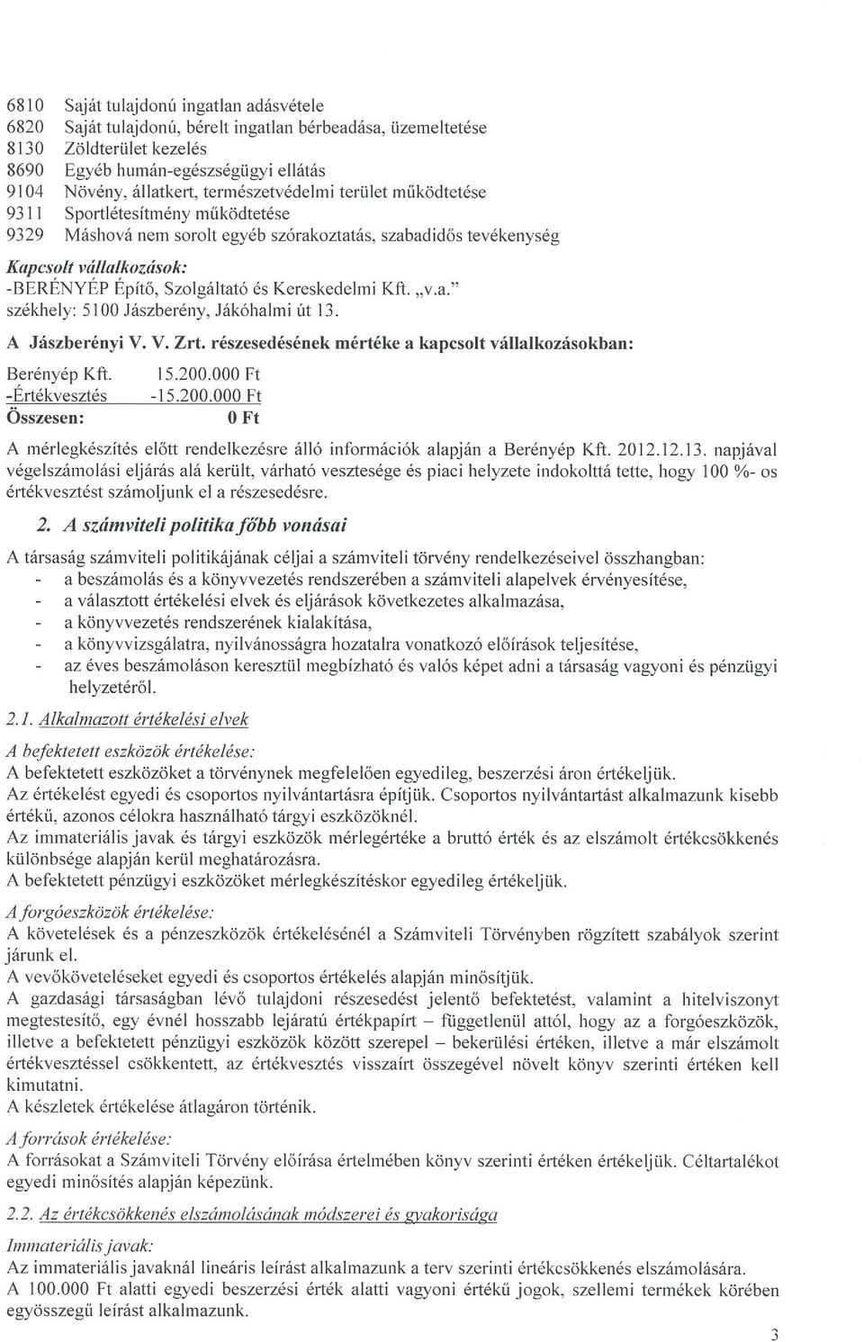 Kereskedelmi Kft.,,v.a. székhely: 5100 Jászberény, Jákóhalmi út 13. A Jászberényi V. V. Zrt. részesedésének mértéke a kapcsolt vállalkozásokban: Berényép Kft. -Ertékvesztés Osszesen: 15.200.