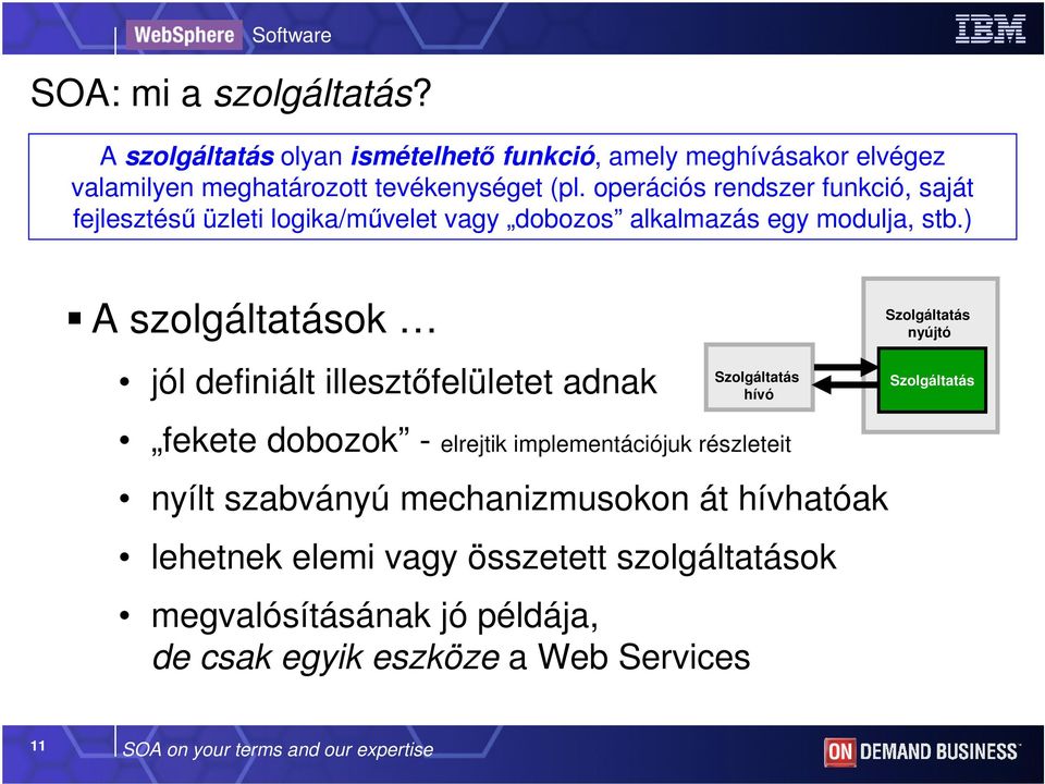 ) A jól definiált illesztıfelületet adnak Szolgáltatás hívó Szolgáltatás nyújtó Szolgáltatás fekete dobozok - elrejtik implementációjuk