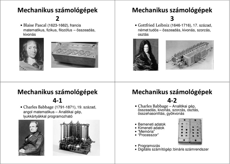 század, német tudós összeadás, kivonás, szorzás, osztás Mechanikus számológépek 4-1 Charles Babbage (1791-1871) 1871), 19.