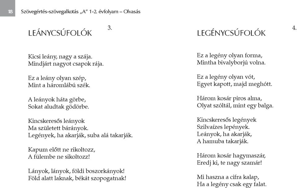 Három kosár piros alma, Olyat szóltál, mint egy balga. Kincskeresős leányok Ma született bárányok. Legények, ha akarják, suba alá takarják. Kapum előtt ne rikoltozz, A fülembe ne sikoltozz!