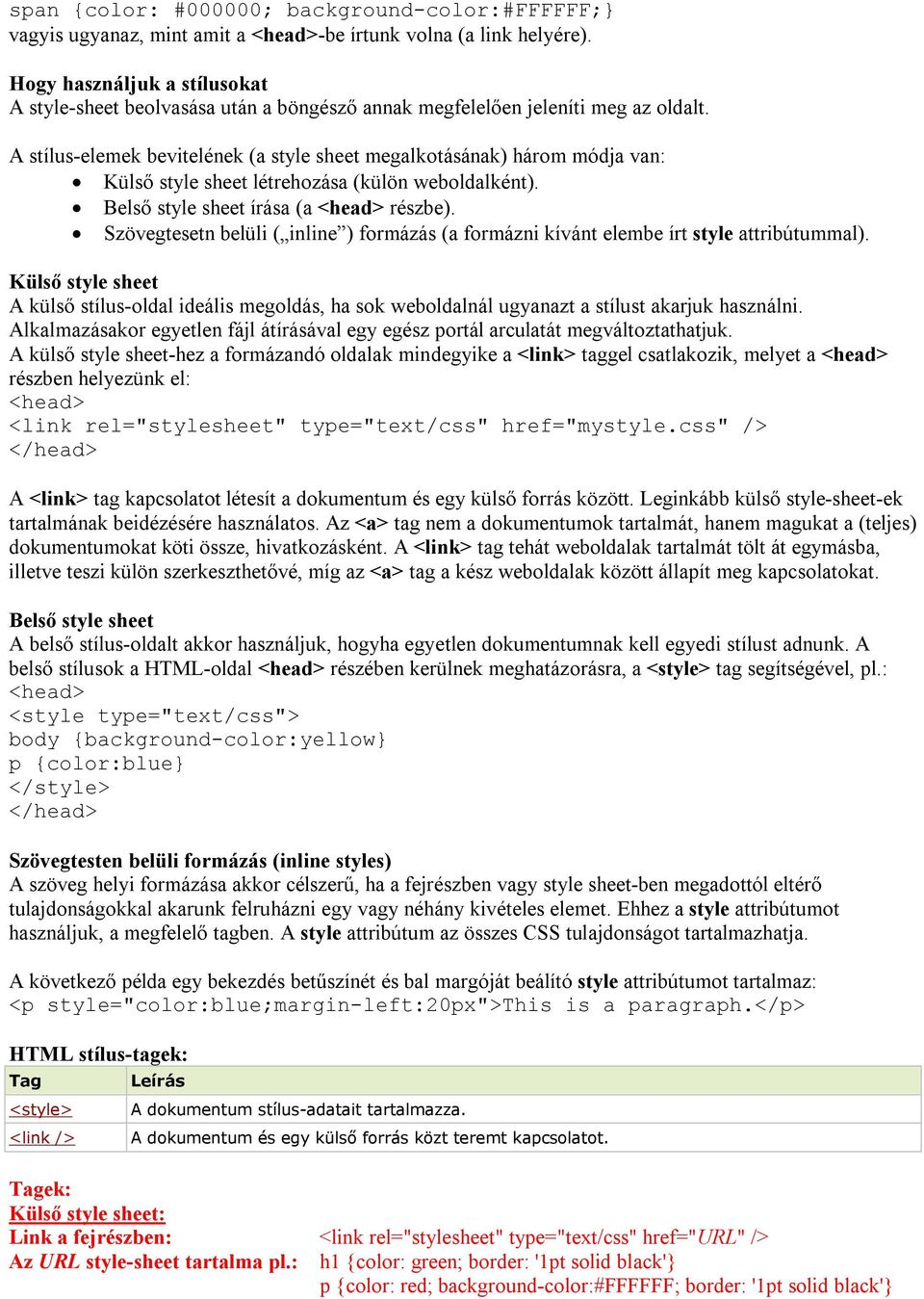 A stílus-elemek bevitelének (a style sheet megalkotásának) három módja van: Külső style sheet létrehozása (külön weboldalként). Belső style sheet írása (a részbe).