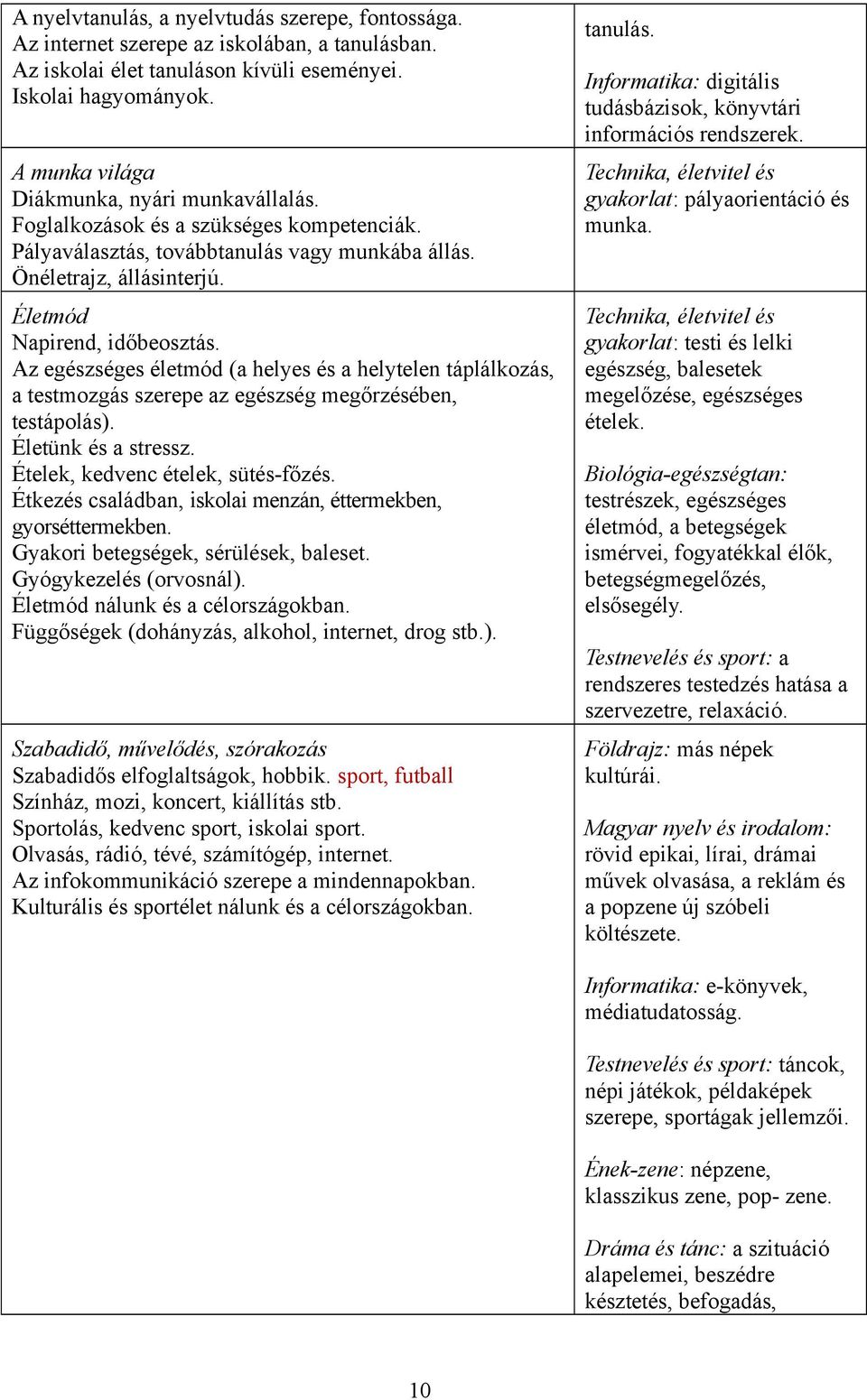 Az egészséges életmód (a helyes és a helytelen táplálkozás, a testmozgás szerepe az egészség megőrzésében, testápolás). Életünk és a stressz. Ételek, kedvenc ételek, sütés-főzés.