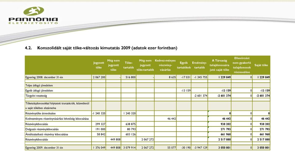 december 31-én 2 067 200-516 800-8 635-17 031-1 345 755 1 229 849 0 1 229 849 Teljes átfogó jövedelem Egyéb átfogó jövedelem -13 159-13 159 0-13 159 Tárgyévi veszteség -2 601 374-2 601 374 0-2 601