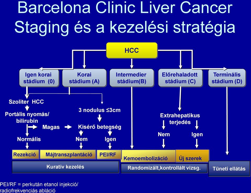 nodulus 3cm Kisérő betegség Nem Igen Extrahepatikus terjedés Nem Igen Rezekció Májtranszplantáció PEI/RF Kemoembolizáció