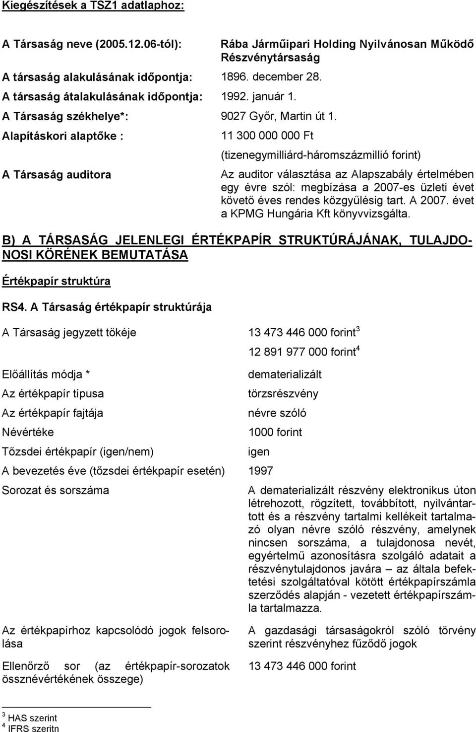 Alapításkori alaptőke : 11 300 000 000 Ft (tizenegymilliárd-háromszázmillió forint) A Társaság auditora Az auditor választása az Alapszabály értelmében egy évre szól: megbízása a 2007-es üzleti évet