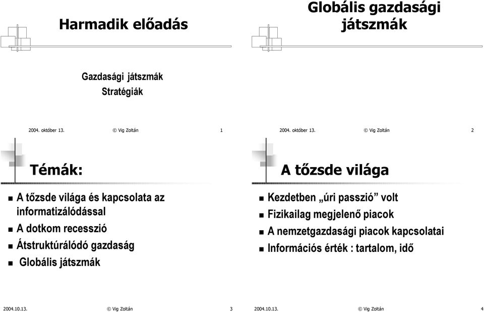 Vig Zoltán 2 Témák: A tõzsde világa és kapcsolata az informatizálódással A dotkom recesszió Átstruktúrálódó