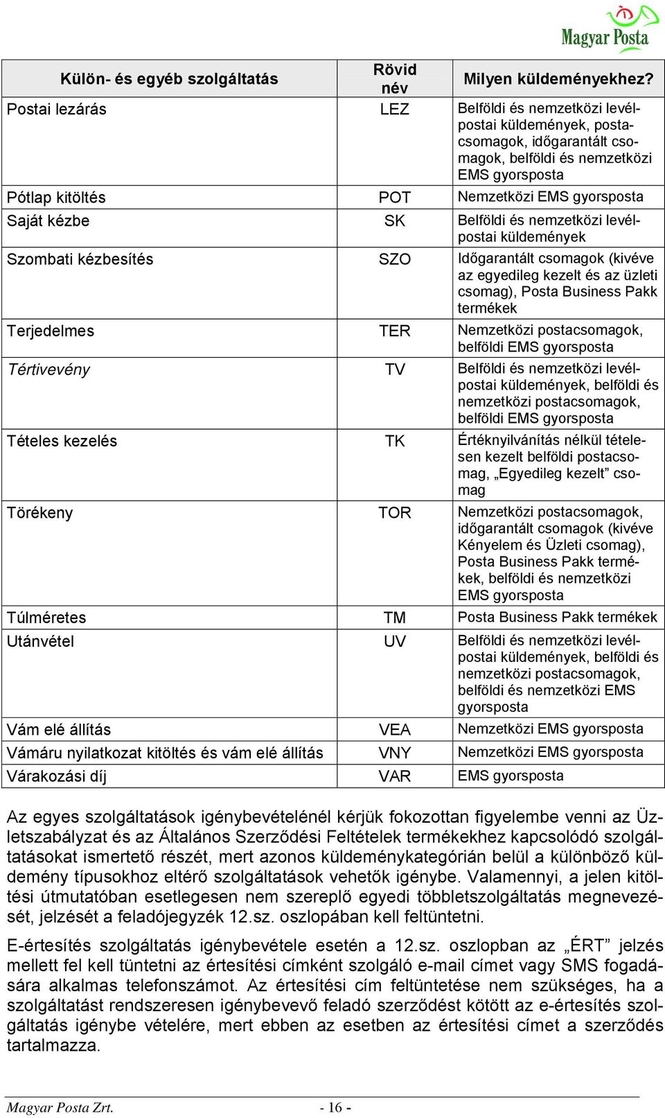 kézbe SK Belföldi és nemzetközi levélpostai küldemények Szombati kézbesítés SZO Időgarantált csomagok (kivéve az egyedileg kezelt és az üzleti csomag), Posta Business Pakk termékek Terjedelmes TER