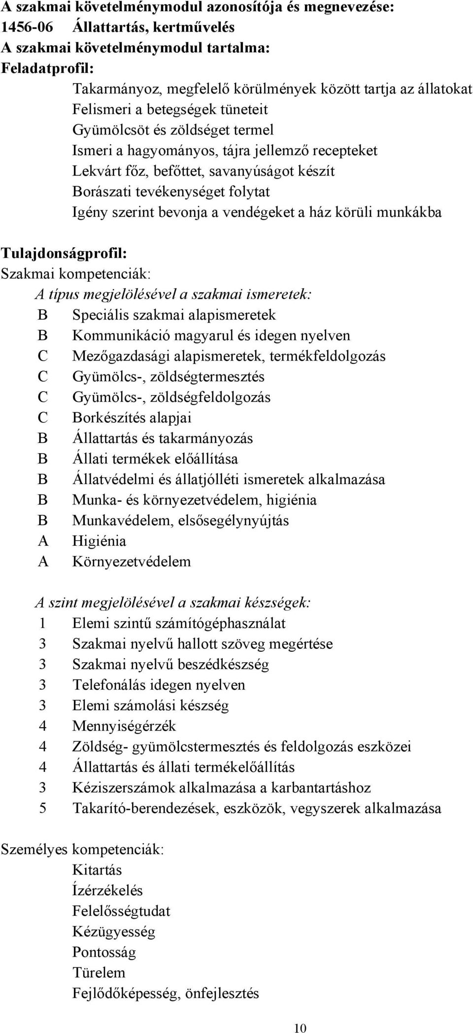 vendégeket a ház körüli munkákba Tulajdonságprofil: Szakmai kompetenciák: A típus megjelölésével a szakmai ismeretek: B Speciális szakmai alapismeretek B Kommunikáció magyarul és idegen nyelven C